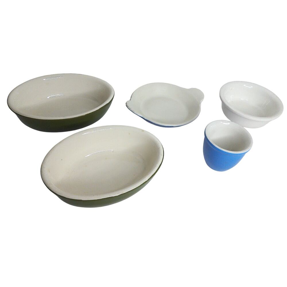 Vintage Mixed Set Hall Pottery Bakeware Green White Oval Dish Custard Cups Set 5